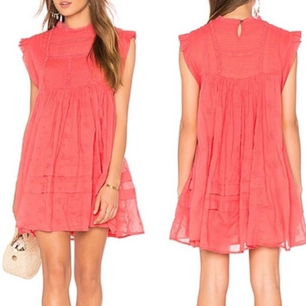 Free People Coral Pink Eyelet Lace Trim Sleeveless Mini Babydoll Dress XS